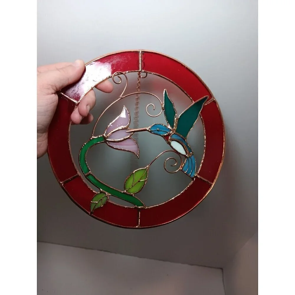 Stained Glass Small Hummingbird Red Circle Frame Window Panel